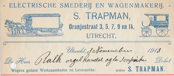 712129 Kop van een nota van S. Trapman, Oranjestraat 3, 5, 7, 9 en 14 te Utrecht, ten name van de heer 'Rahl (!) ...